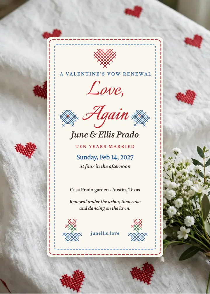 Stitched heart vow renewal invitation: vow renewal invitation template