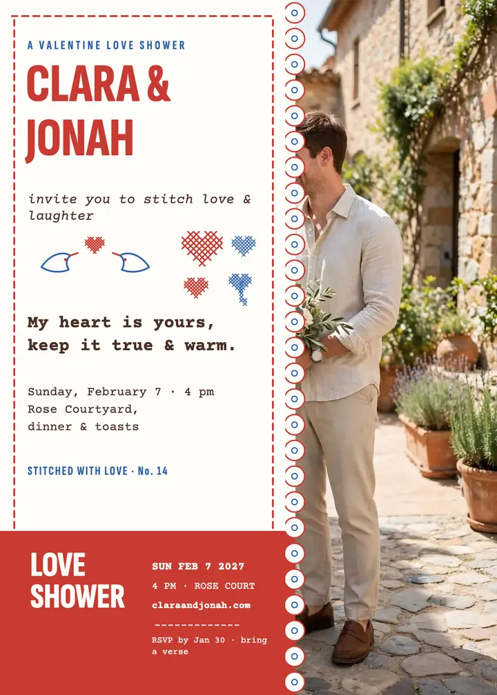 Stitched love shower invitation, Clara and Jonah template