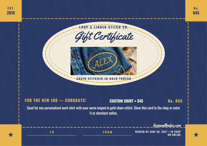 Loop and Linden new-job shirt certificate template