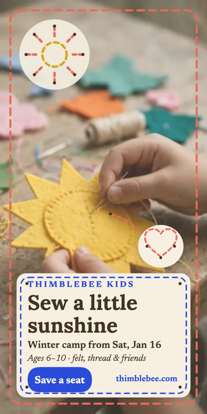 Thimblebee winter sewing camp stitched ad template