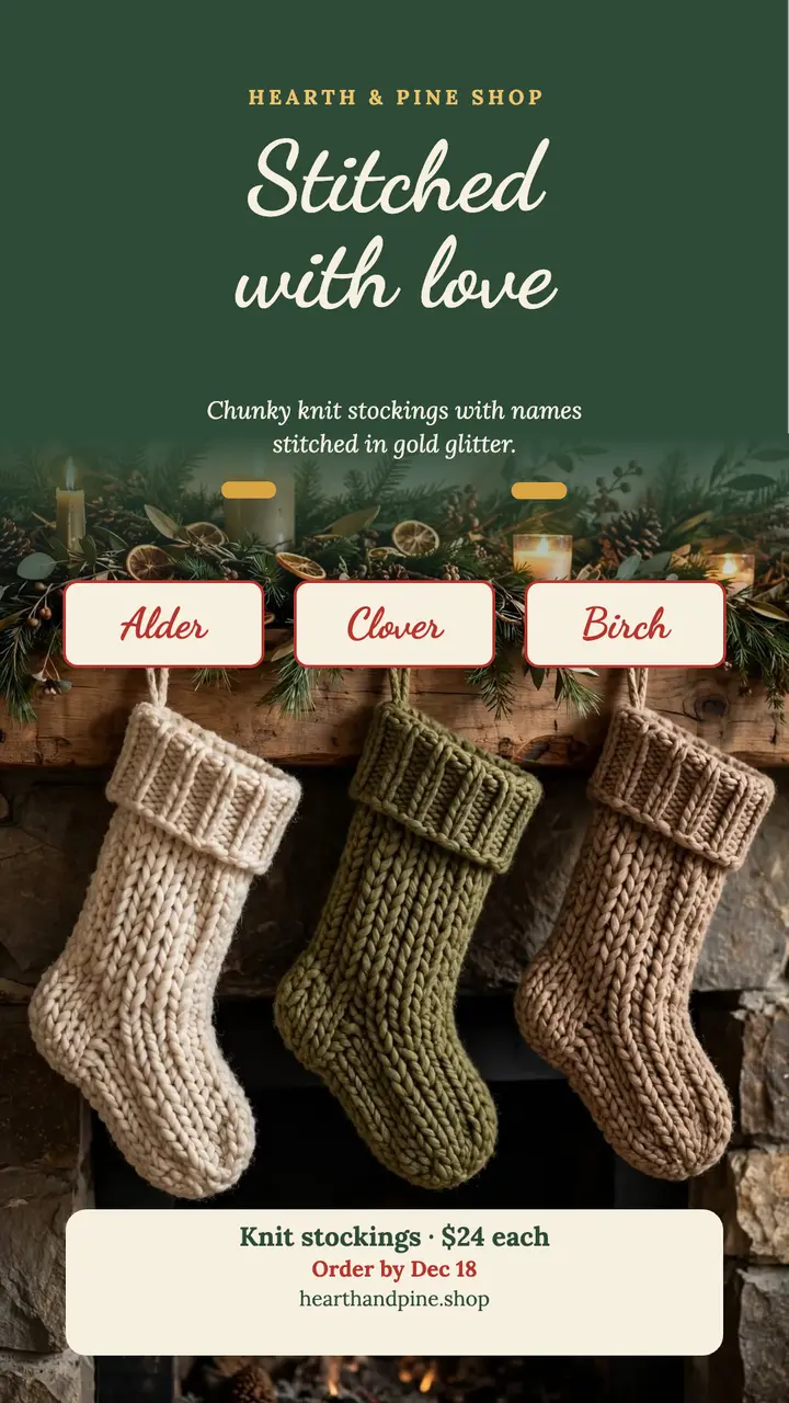 Stitched stockings Christmas story, mantel template