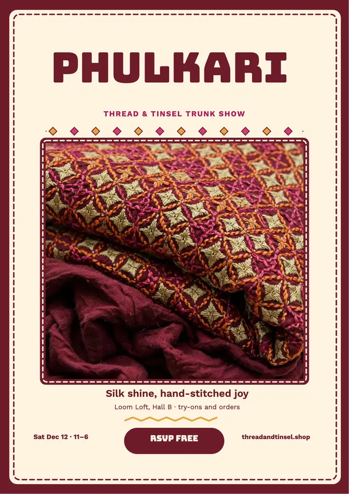 Thread and Tinsel phulkari trunk show flyer: trunk show flyer template