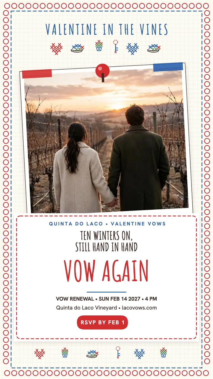 Stitched vineyard vow renewal story: vow renewal story template