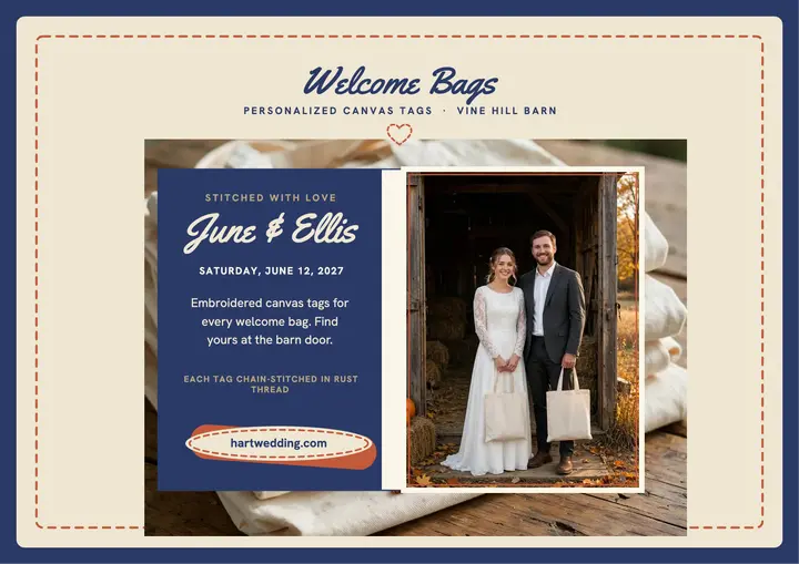 Stitched welcome bag tags, Vine Hill wedding template
