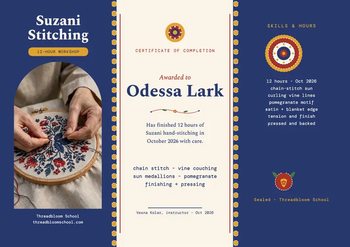 Threadbloom suzani stitching certificate: stitching workshop certificate template