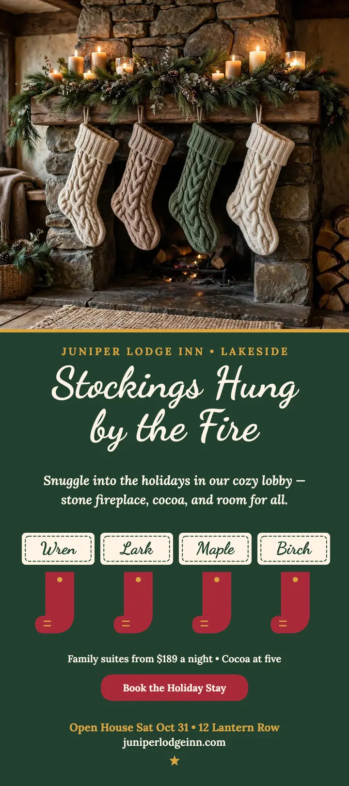 Juniper Lodge Christmas mantel rack card: inn christmas stay card template