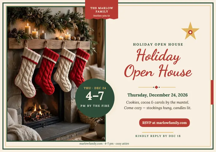 Marlow family mantel stocking invite: holiday open house invitation template