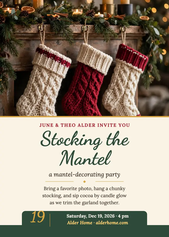 Stocking the mantel Christmas party invitation template