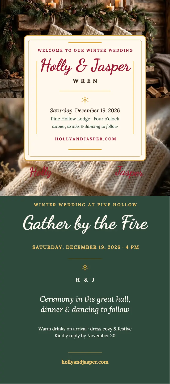 Holly and Jasper winter mantel wedding rack card template