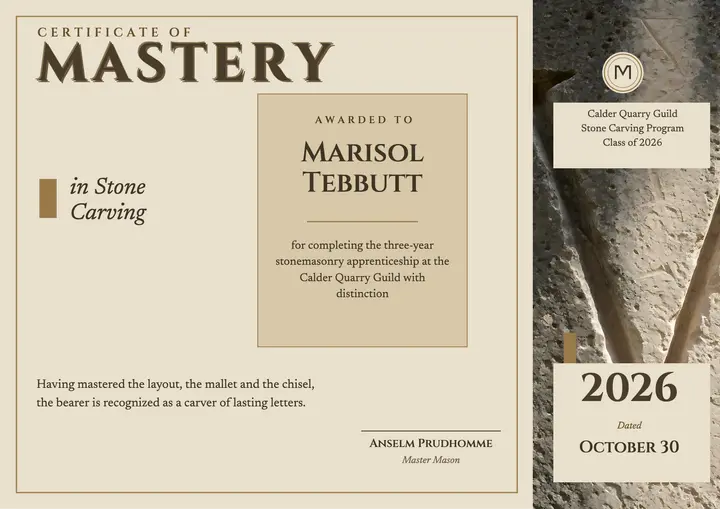 Stone carving mastery certificate, carved inscription template