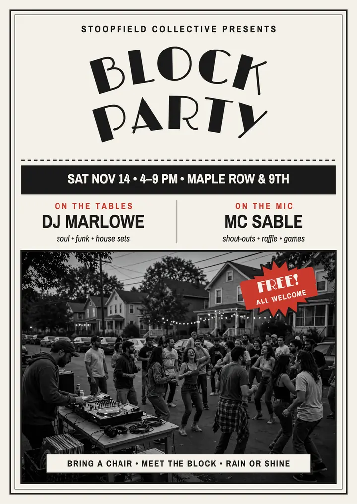 Stoopfield block party flyer with DJ crew template