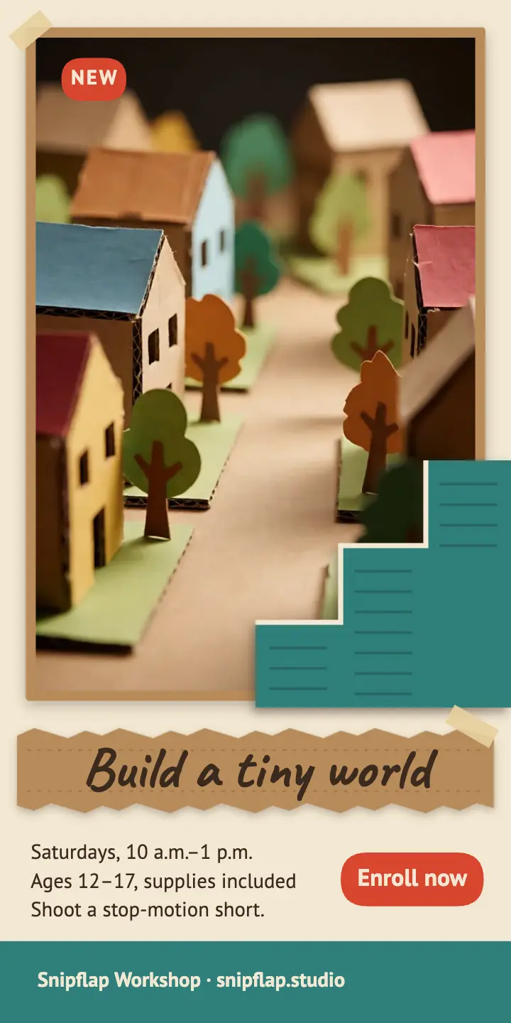 Stop-motion set workshop for teens, half-page ad template