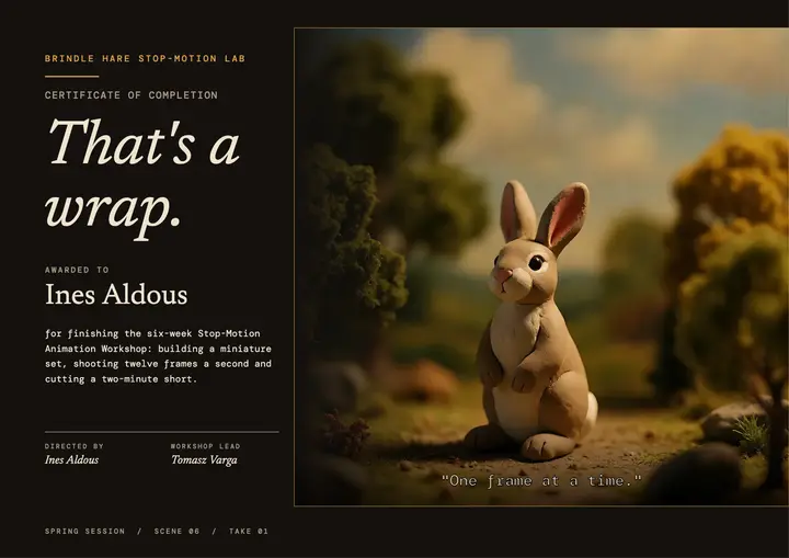 Brindle Hare stop-motion workshop certificate template
