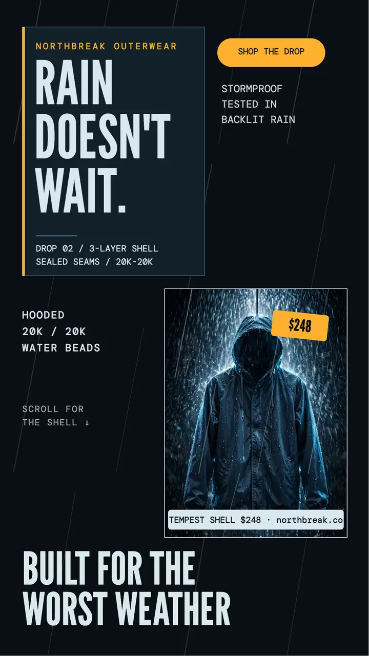 Northbreak Tempest Shell rain launch story template
