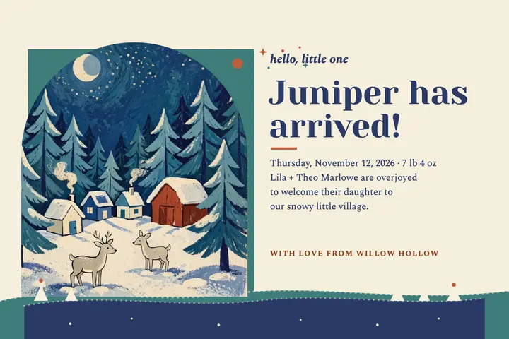 Storybook baby arrival postcard, Juniper template