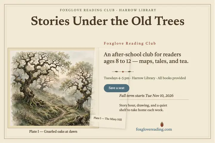 Foxglove storytelling club trees postcard template