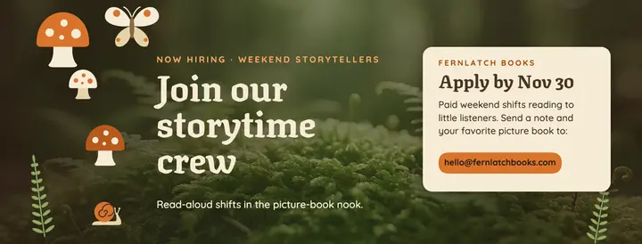Fernlatch Books storytime crew hiring cover: bookshop hiring cover template