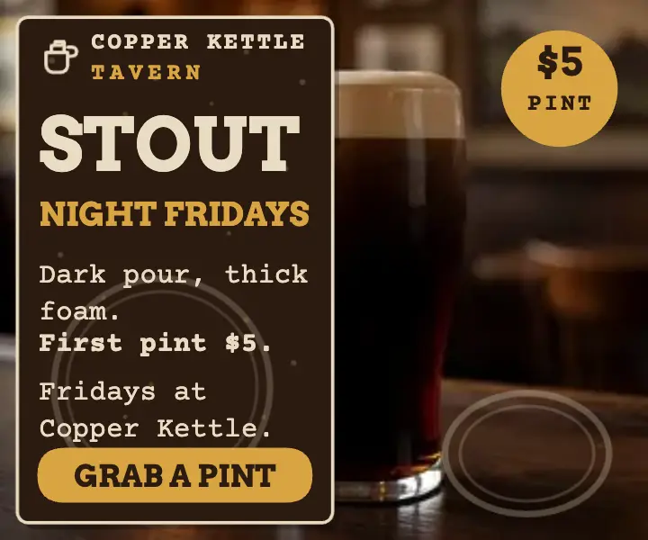 Copper Kettle stout night coaster ad template