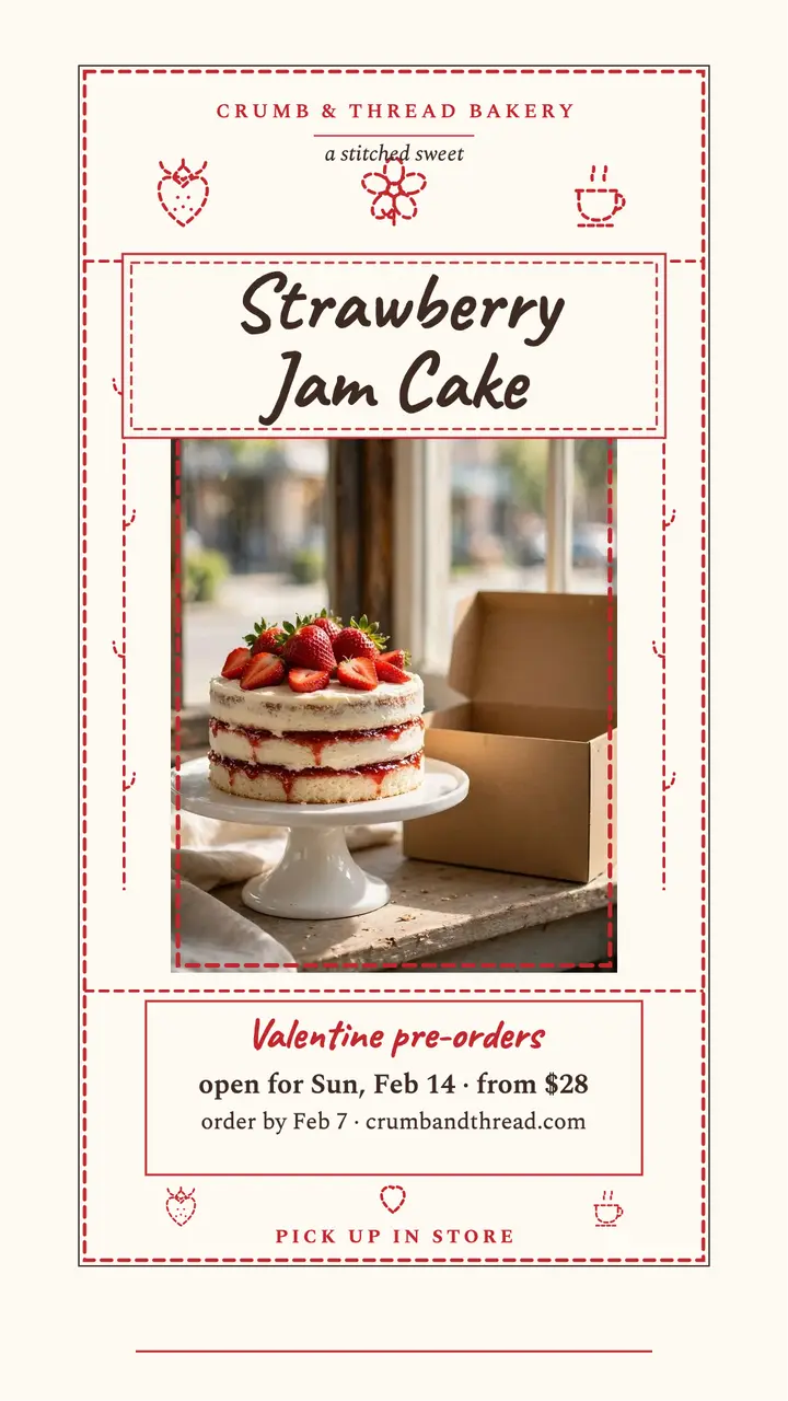 Crumb and Thread strawberry jam cake story template