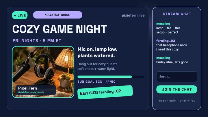 Pixel Fern cozy game night stream thumbnail template