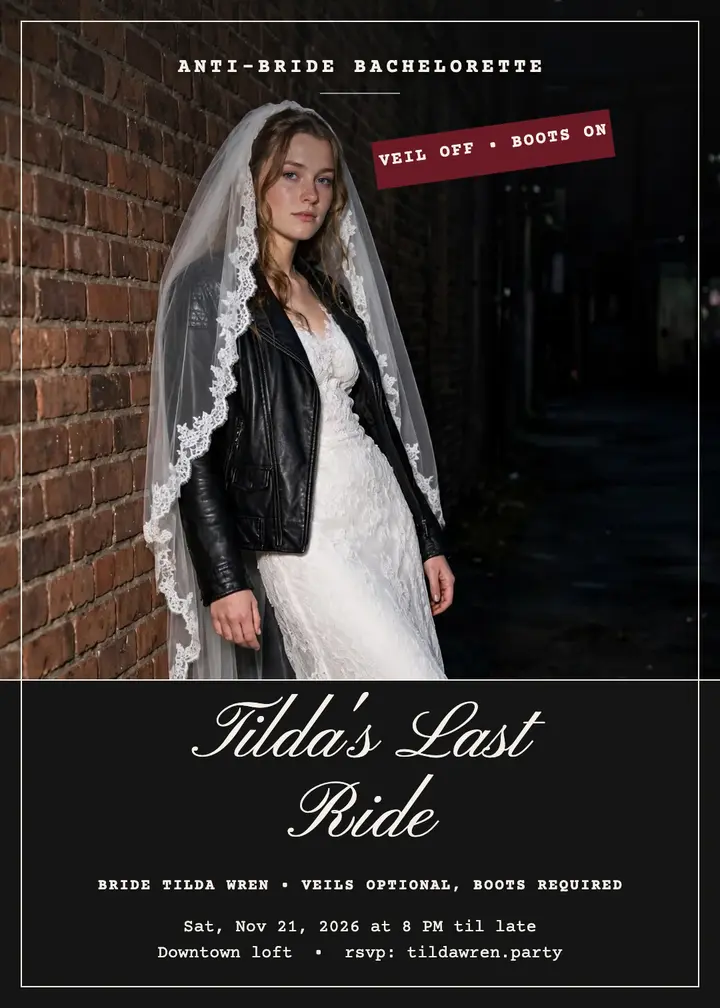 Tilda Wren anti-bride bachelorette invitation template