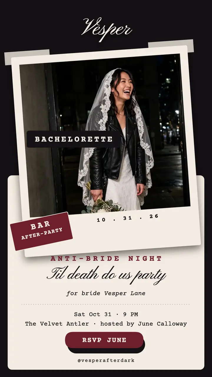 Vesper anti-bride bachelorette story: bachelorette party invite template