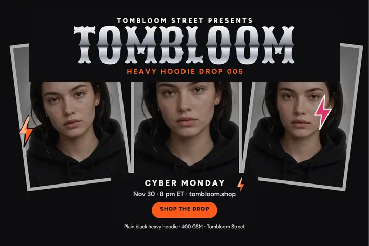 Tombloom Street chrome hoodie drop postcard template