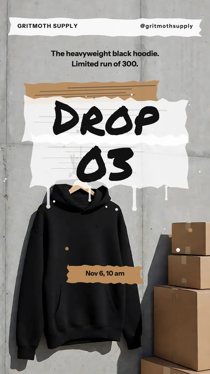 Streetwear hoodie drop story, calligraffiti template