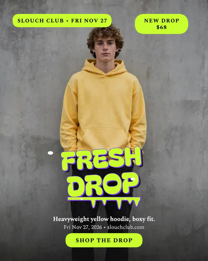 Slouch Club hoodie drop throw-up post template