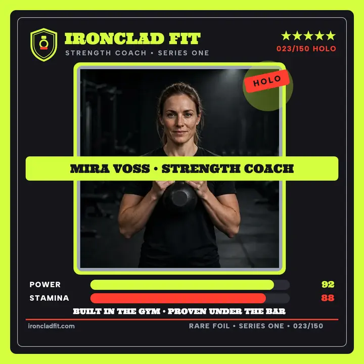 Mira Voss strength coach trading card template