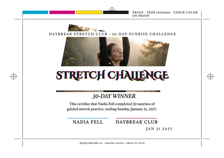 Daybreak stretch challenge press certificate: stretch challenge certificate template