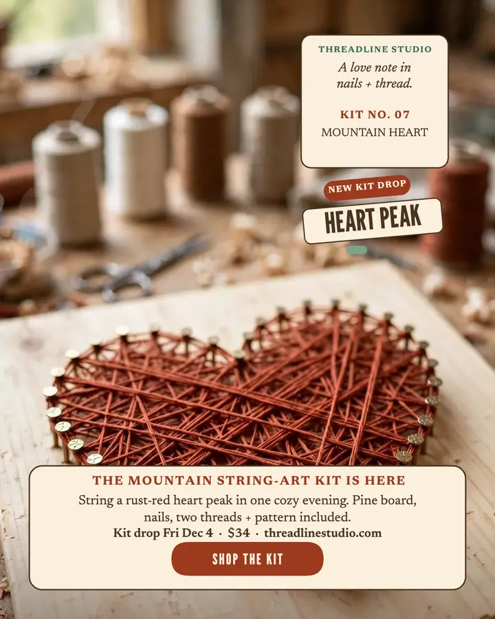 Threadline Studio string heart kit drop: string art kit launch post template