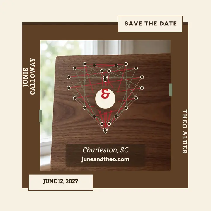 Thread heart save the date, Junie and Theo: save the date card template
