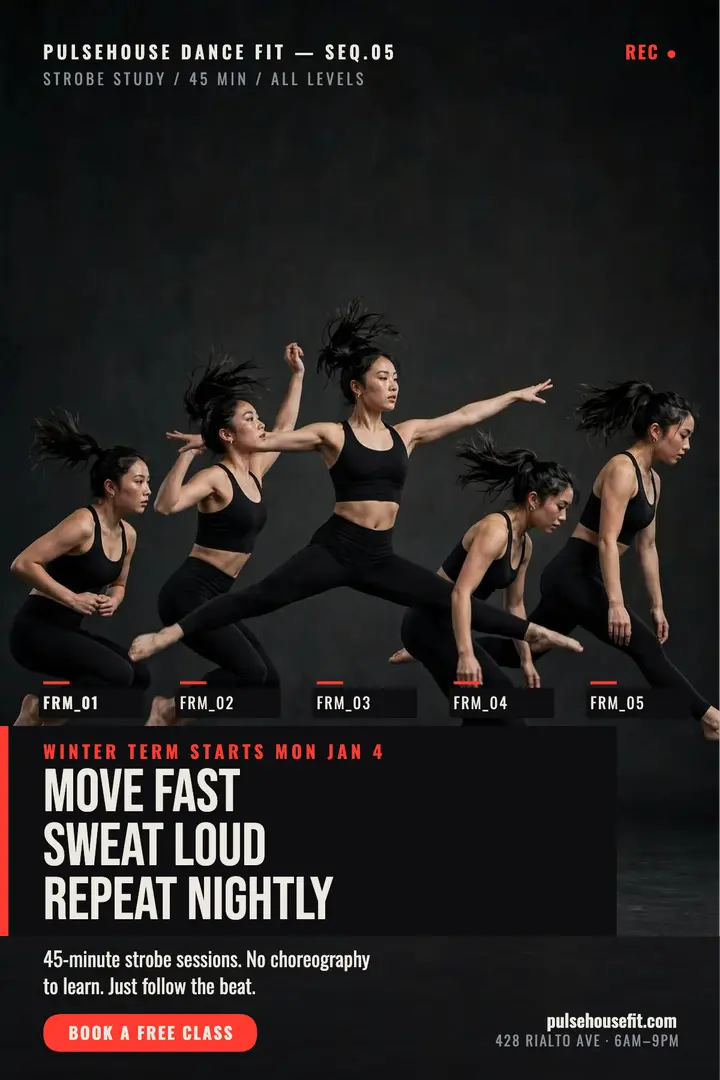 Pulsehouse Dance Fit strobe poster: dance fitness poster template