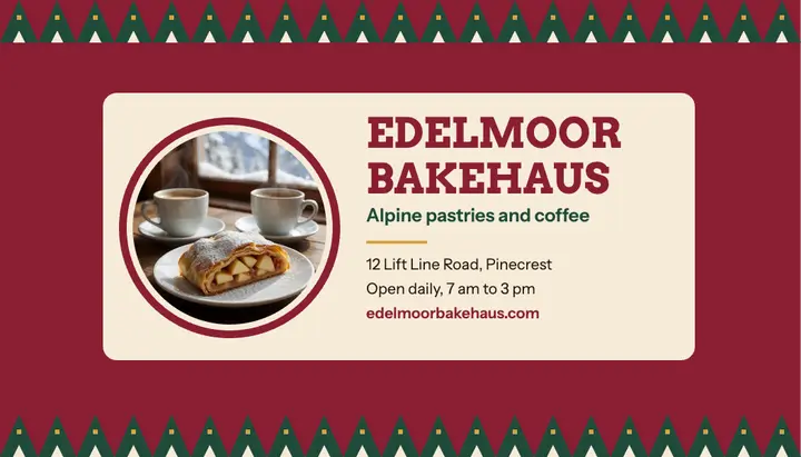 Edelmoor Bakehaus business card, apres-ski club style: mountain bakery business card template