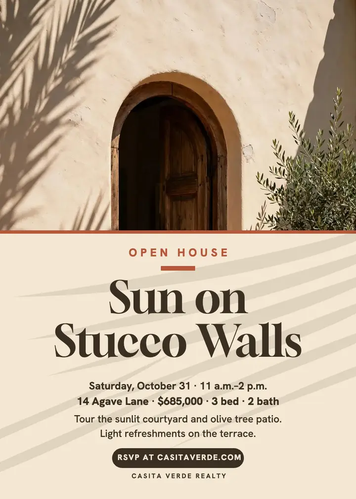 Stucco home open house invitation, sun shadows: open house invitation template