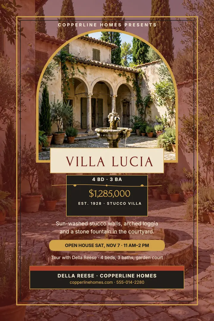 Villa Lucia stucco courtyard listing poster template
