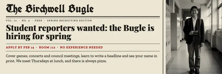 Birchwell Bugle student reporters wanted header, front page template