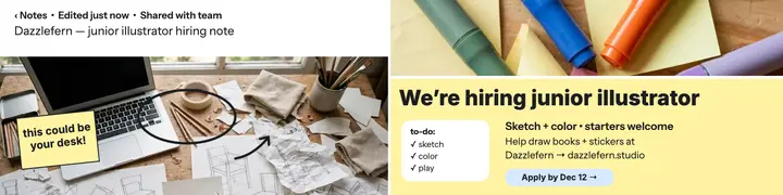 Dazzlefern junior illustrator notes banner: hiring linkedin banner template