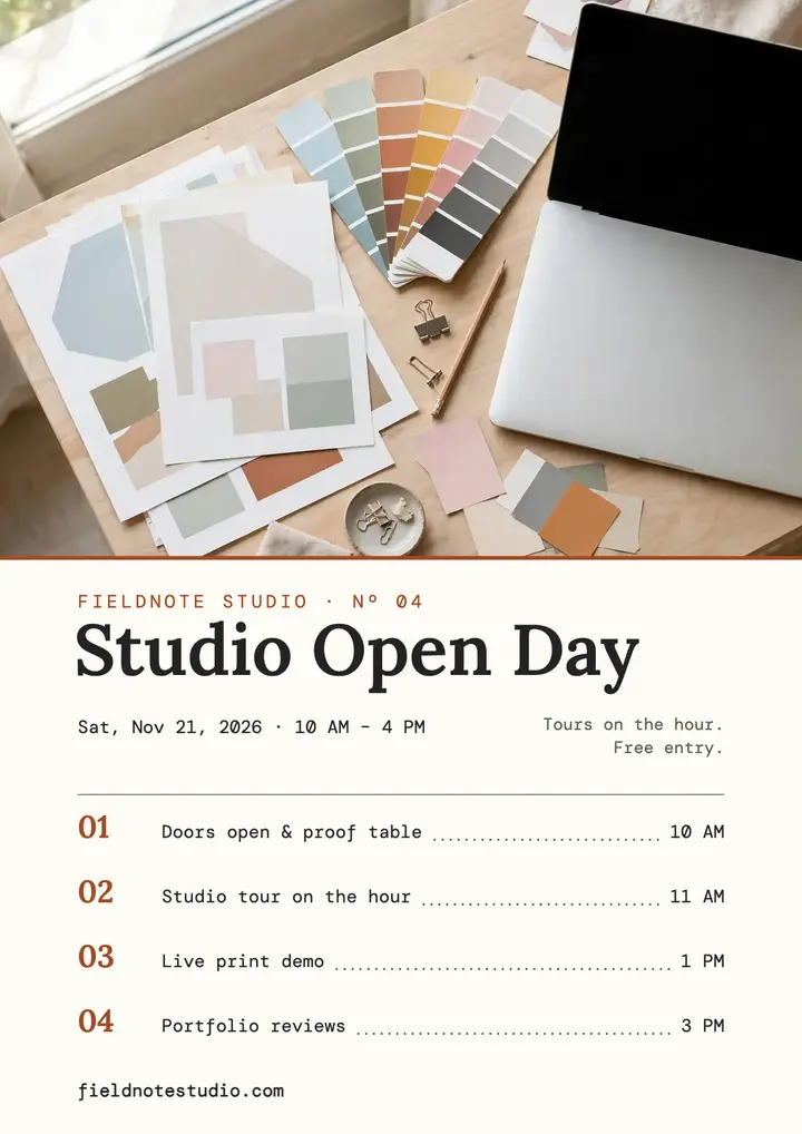 Fieldnote Studio open day flyer template
