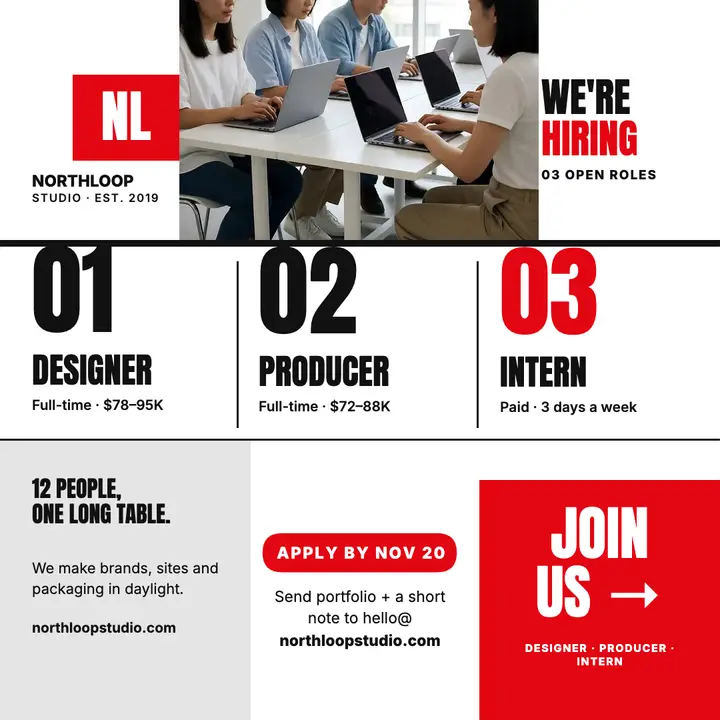 Northloop Studio three roles hiring post template