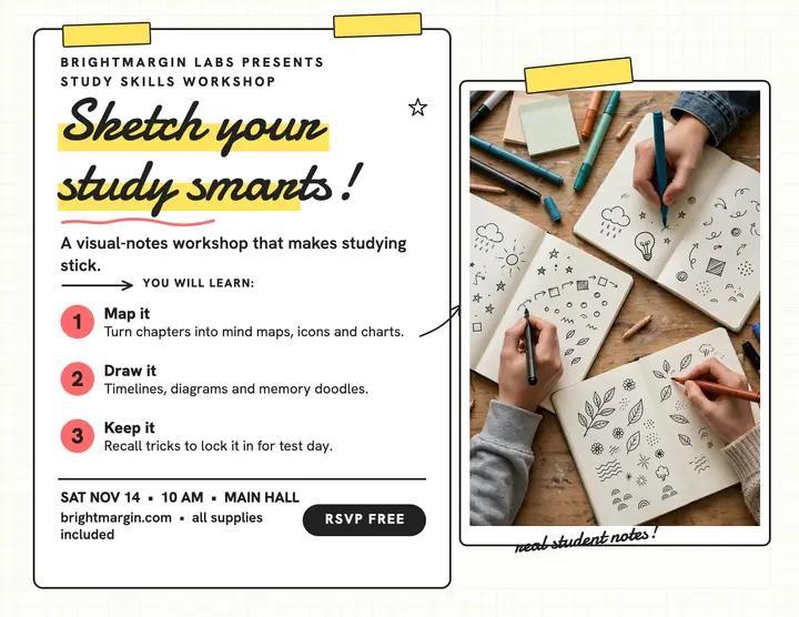 Brightmargin sketch your study smarts flyer: study skills workshop flyer template