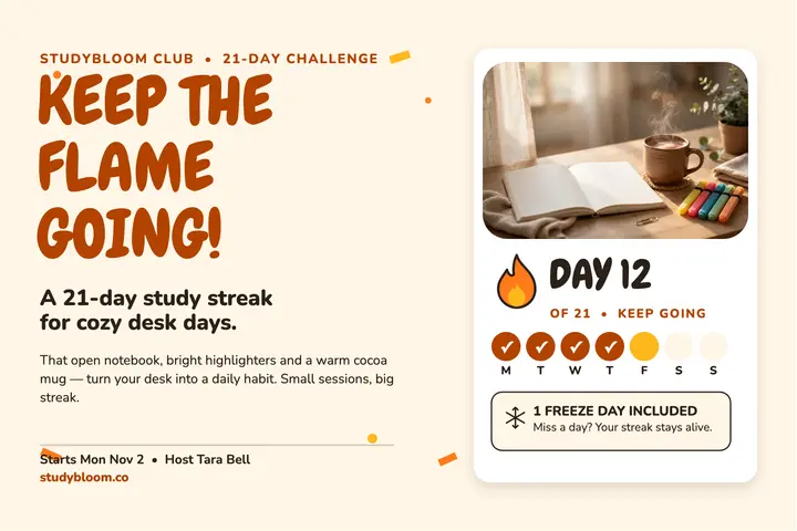 Studybloom 21-day streak postcard: study streak postcard template