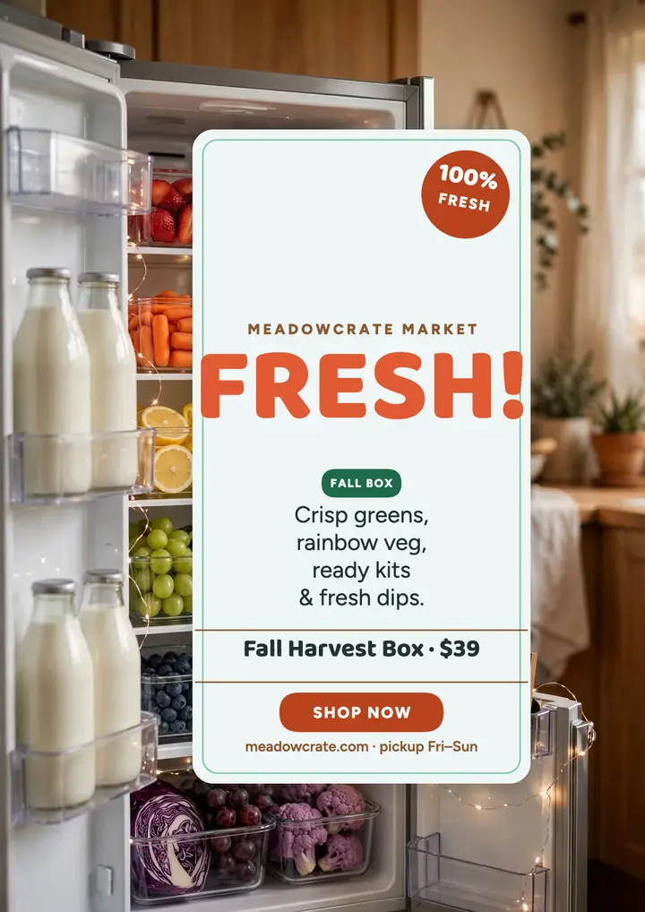Meadowcrate styled fridge market flyer: meal prep flyer template