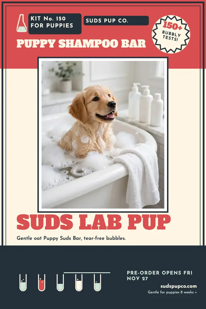 Suds Pup puppy shampoo bar lab poster: puppy shampoo poster template