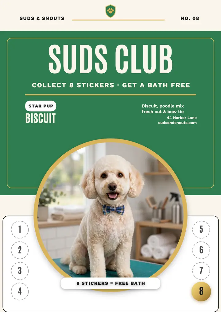 Suds and Snouts sticker club loyalty flyer template