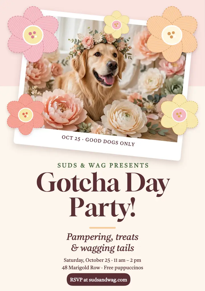 Suds and Wag gotcha day party flyer template