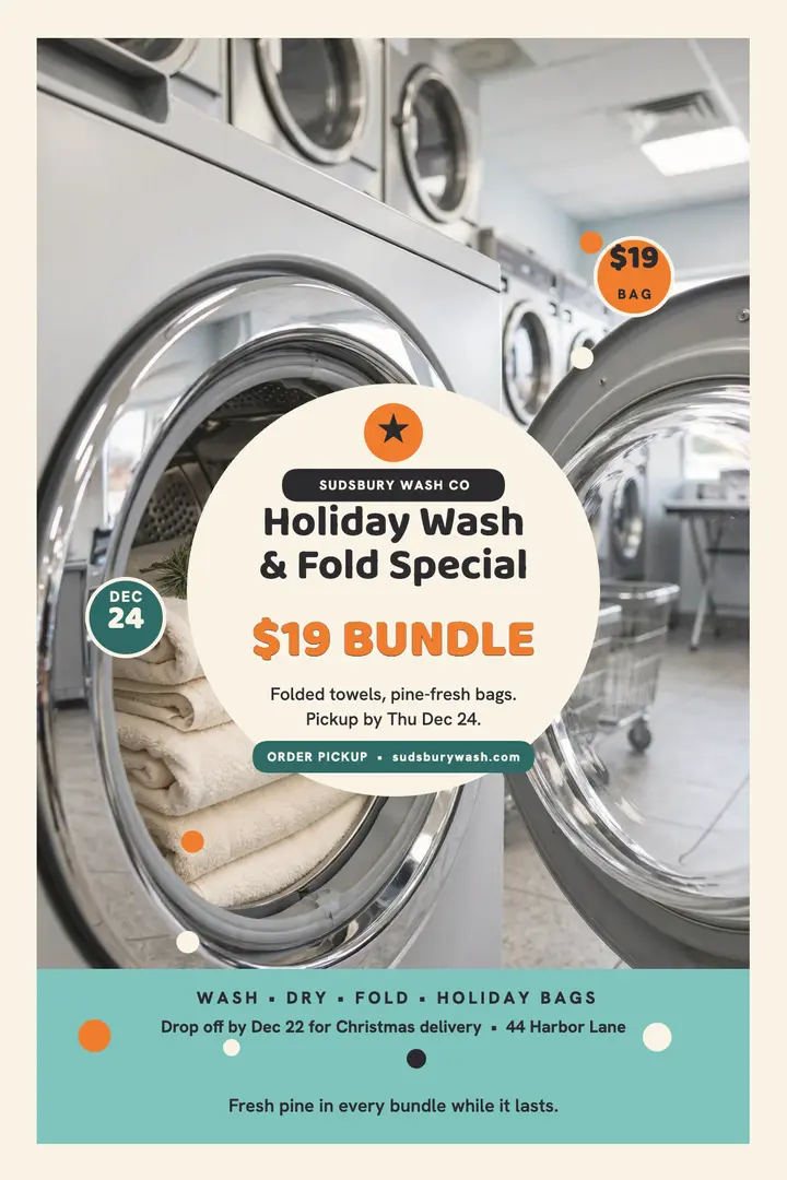 Sudsbury holiday fold poster: holiday laundry poster template