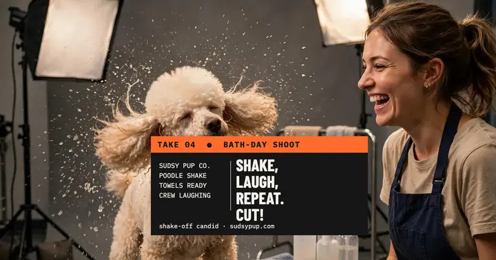 Sudsy Pup bath-day shoot post: pet shampoo shoot post template
