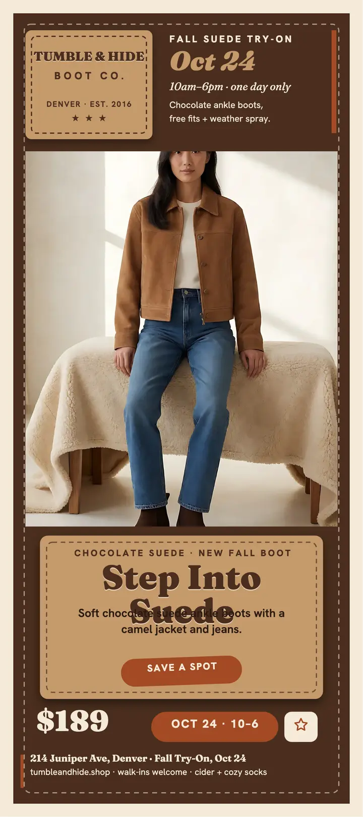 Tumble and Hide fall boot try-on card: boot try-on rack card template